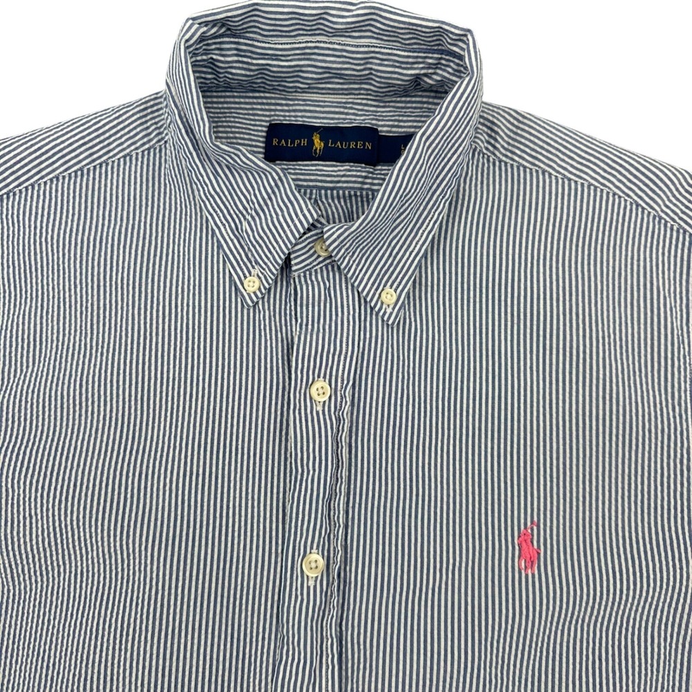Ralph Lauren Mens Large Seersucker Shirt Blue Stripe Short Sleeve Pink‎ Pony